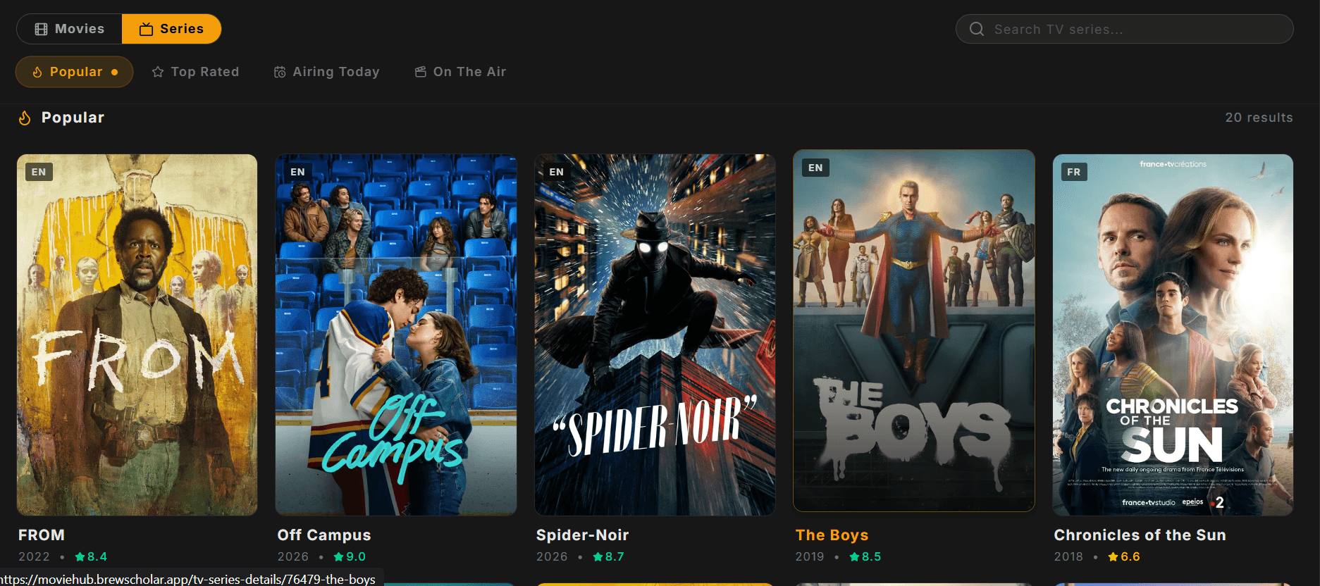 MovieHub catalog view